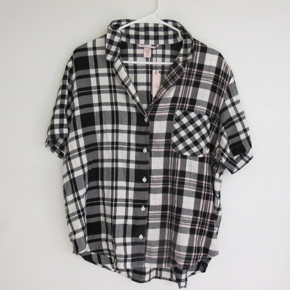 NWT Victoria Secret Black and White Flannel Pajama Top - Long Sleeve